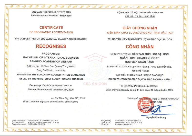 Giấy chứng nhận kiểm định chất lượng CTĐT ngành Kinh doanh quốc tế
